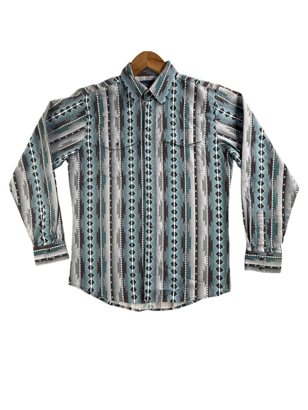 Vintage Wrangler Shirt Men XL Gray Blue Aztec Geometric Long Sleeve Western Snap
